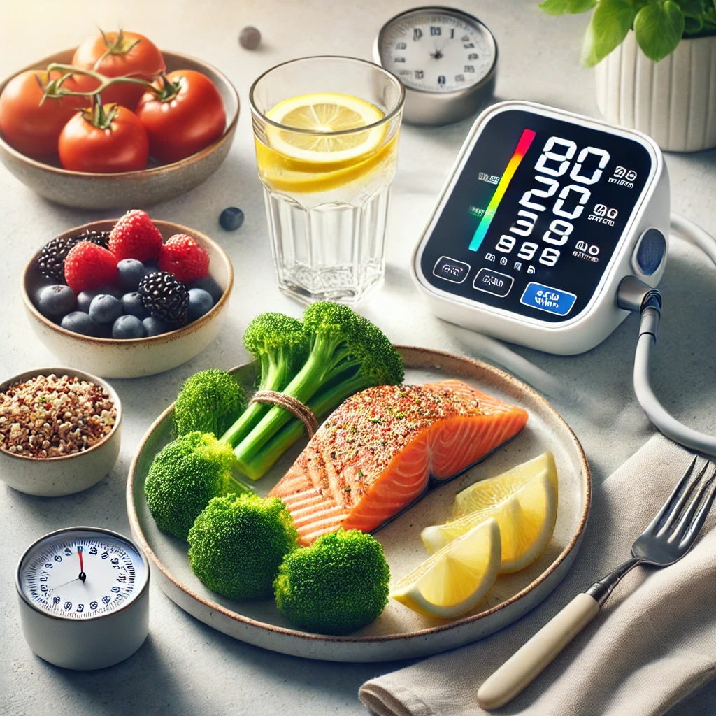혈압 관리 식단과 생활습관을 시각화한 장면을 이미지
