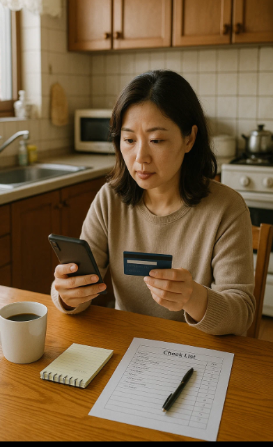 카드 사용 내역을 앱으로 확인하며 예산을 조절하는 엄마의 모습