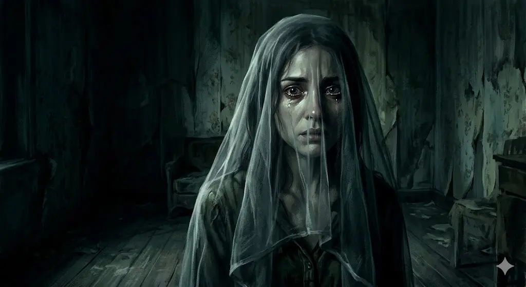 어두운 방안에서 얇은 반투명 천으로 자신의 얼굴을 반쯤 가린 채 위태롭게 서 있는 인물의 불안한 눈빛을 묘사한 심리 스릴러풍 일러스트