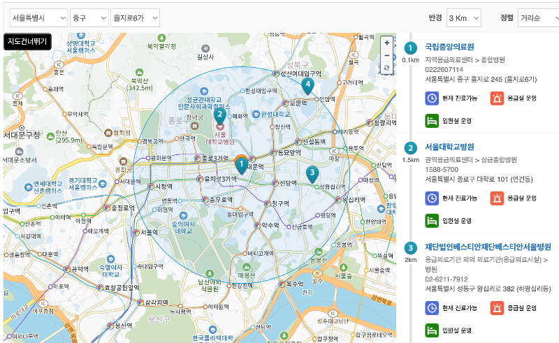 근처 가까운 응급실, 주말 문여는 병원 야간진료 병원 찾기