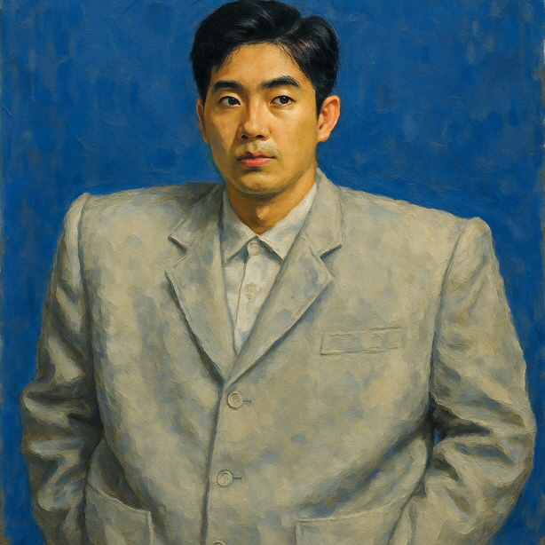 유화 스타일의 초상화로, 파란색 배경 앞에 서 있는 젊은 한국 남성이 그려져 있다. 그는 크기가 큰 밝은 회색 정장을 입고 있으며, 양손을 주머니에 넣은 채 약간 무표정한 얼굴로 정면을 바라보고 있다. 옷은 몸에 비해 헐렁해 보이며, 붓질이 살아 있는 인상파 화풍으로 묘사되어 있다.