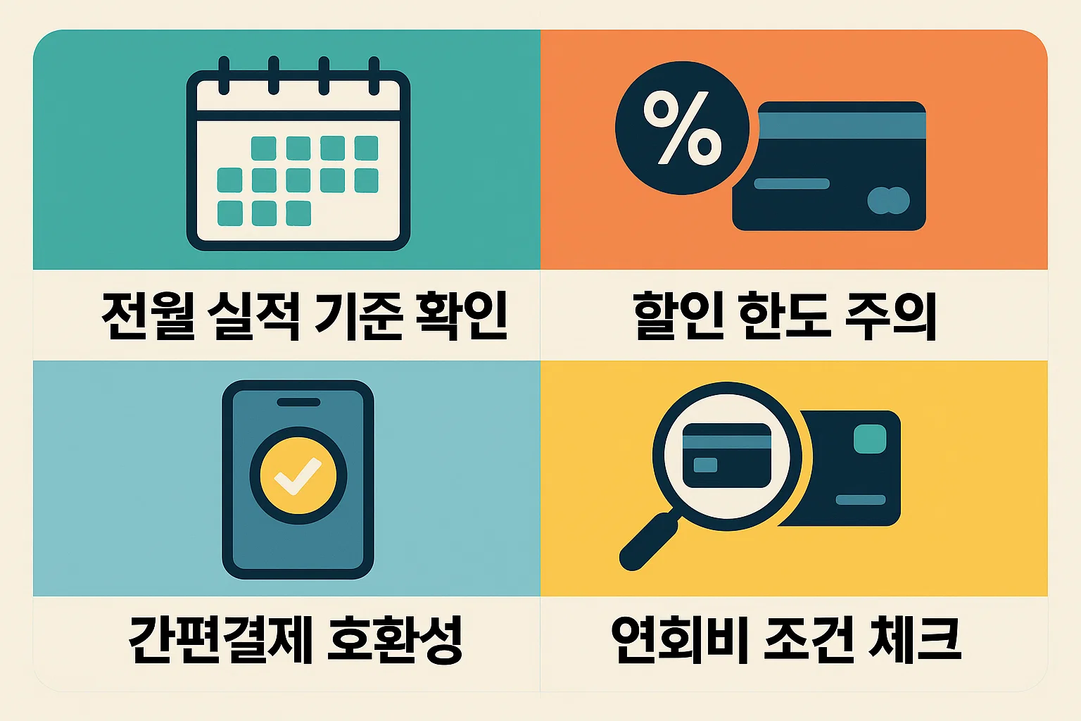전월 실적 기준, 할인 한도, 간편결제 호환성, 연회비 조건 등 우리카드 선택 시 반드시 확인해야 할 핵심 체크사항을 정리한 인포그래픽. 2025년 기준 카드 선택 가이드 이미지.