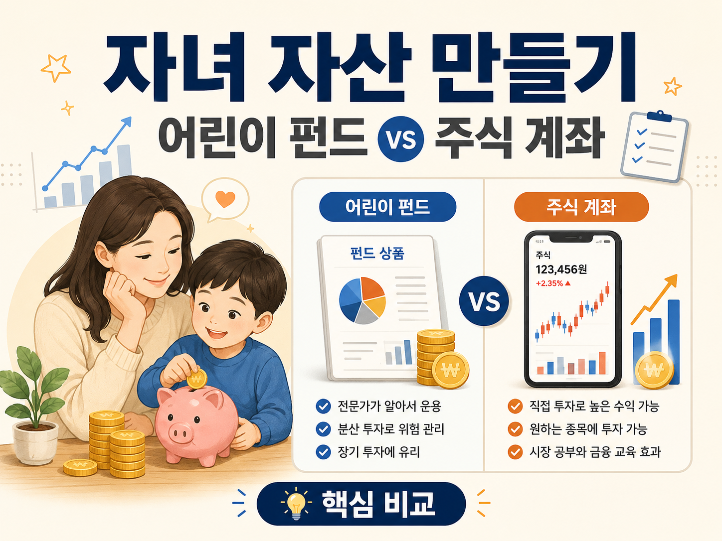 자녀 자산 만들기 어린이 펀드와 미성년 주식 계좌 비교, 부모와 아이가 저금통에 돈을 모으는 금융 교육 썸네일