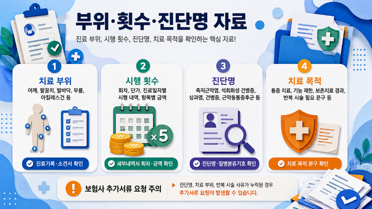 4. 체외충격파 청구 시 확인하는 부위, 횟수, 진단명 자료를 정리한 페이퍼아트 스타일 인포그래픽