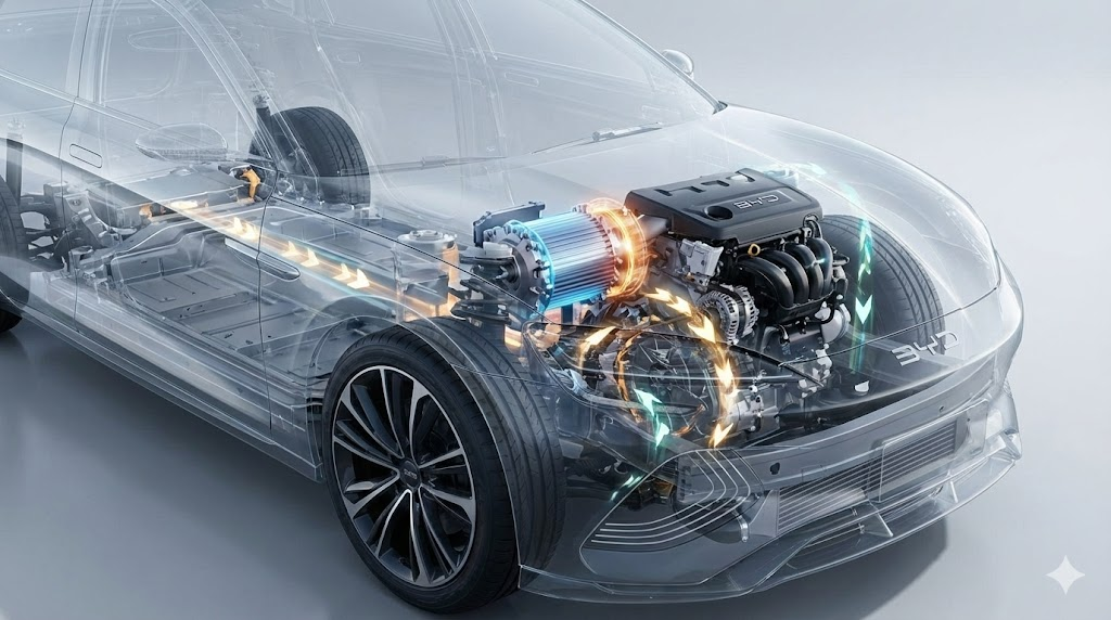 자동차 내부 메커니즘을 투명하게 보여주는 하이브리드 기술 구조의 시각적 분석