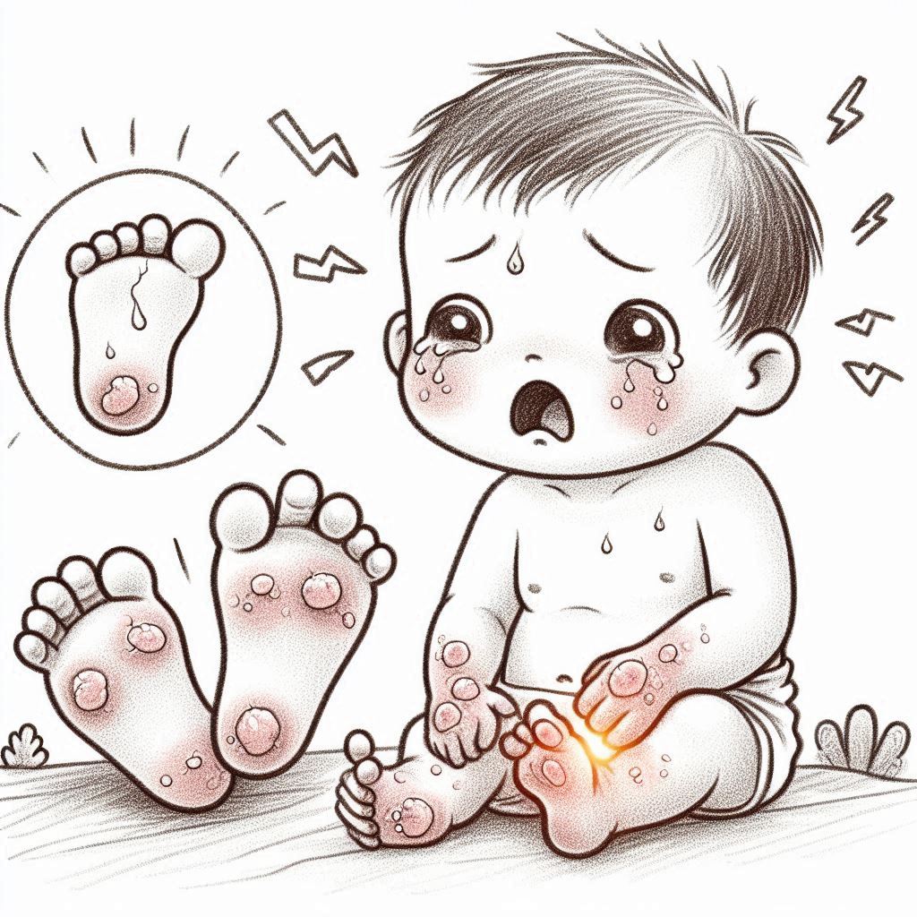수족구에 걸려 손발에 물집이 난 아기 모습