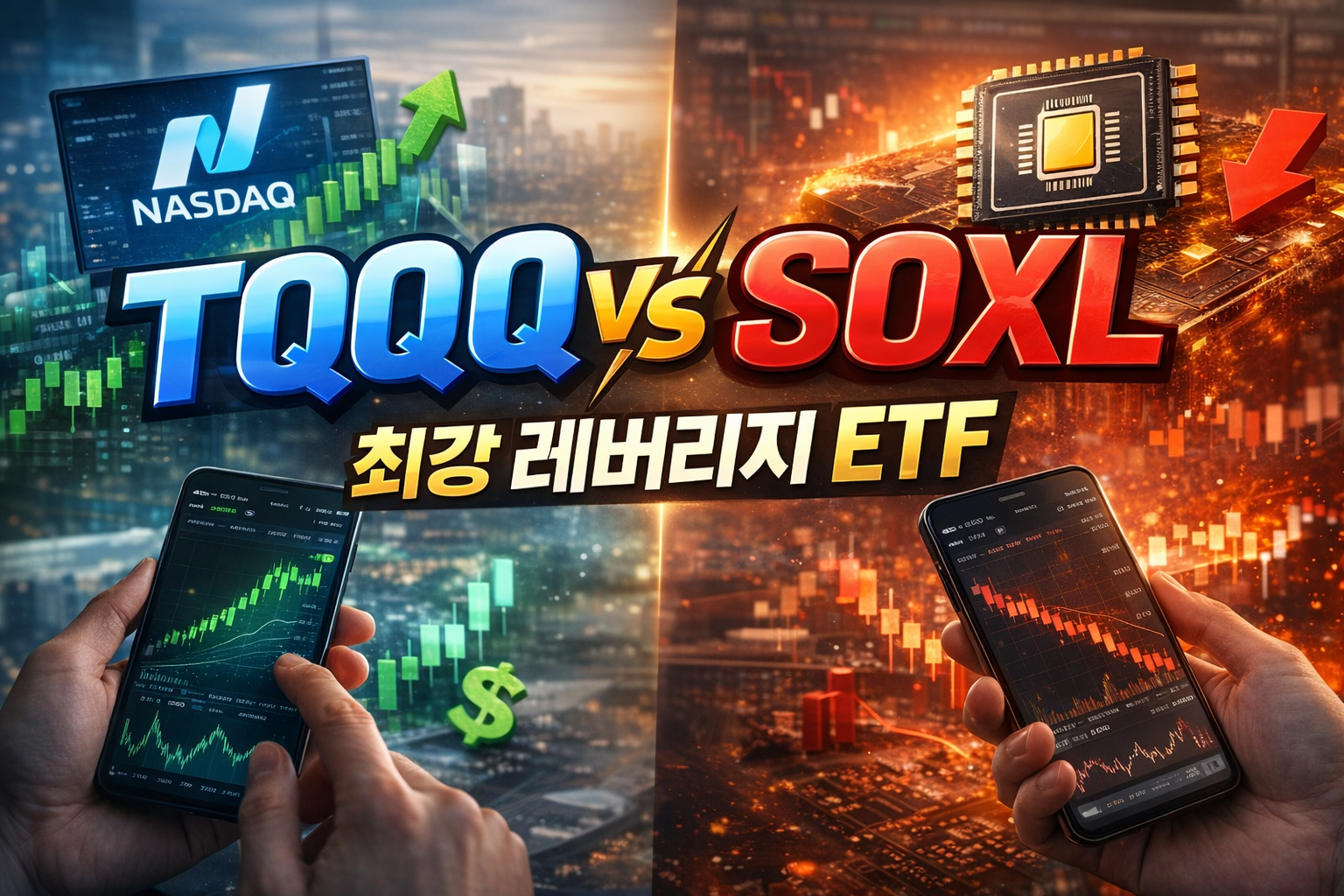 TQQQ와 SOXL의 하락장 체감 차이를 표현한 썸네일 이미지, 나스닥100 기반 TQQQ와 반도체 업종 기반 SOXL의 변동성과 복구 난도 비교