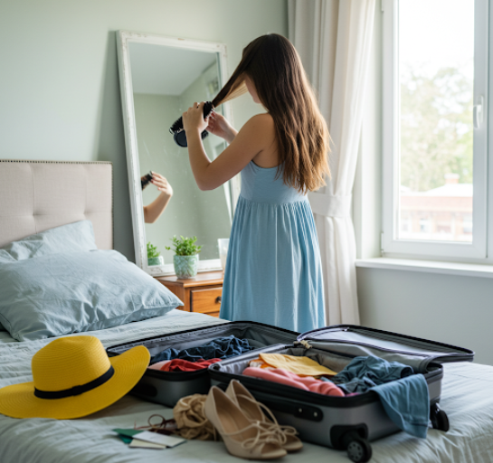 여행을 위해 헤어 손질을 하는 여성 모습