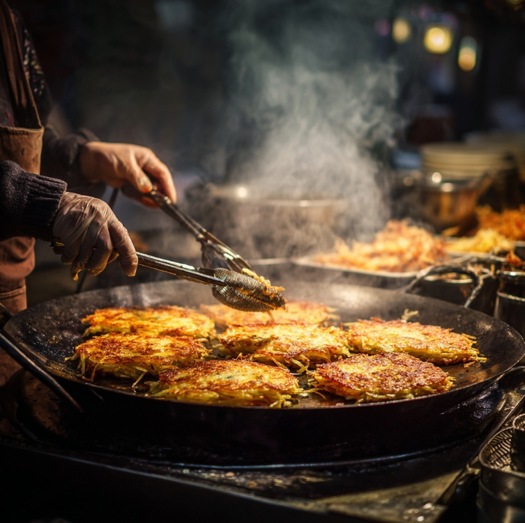 명절 시장에서 파는 감자전 여러개