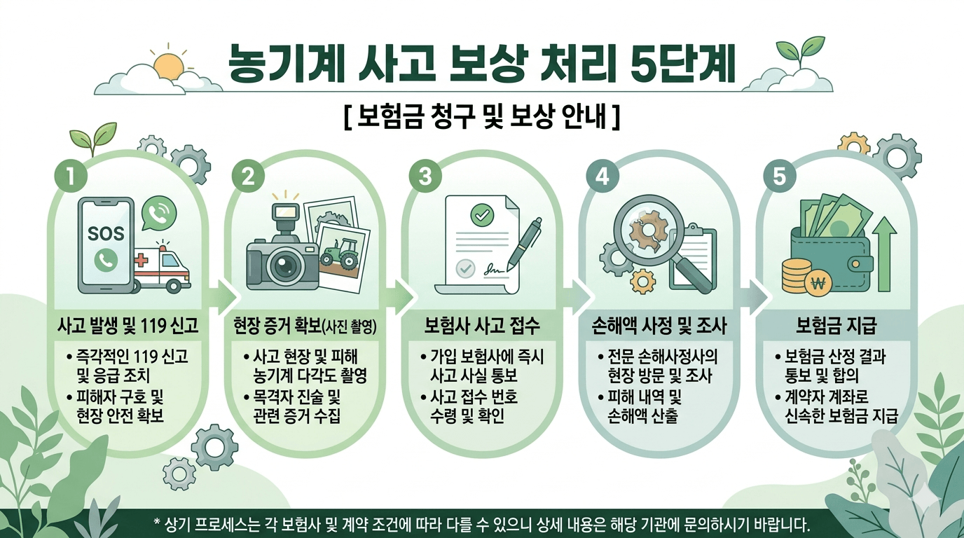 농기계 사고 보항 처리 5단계 인포그래픽