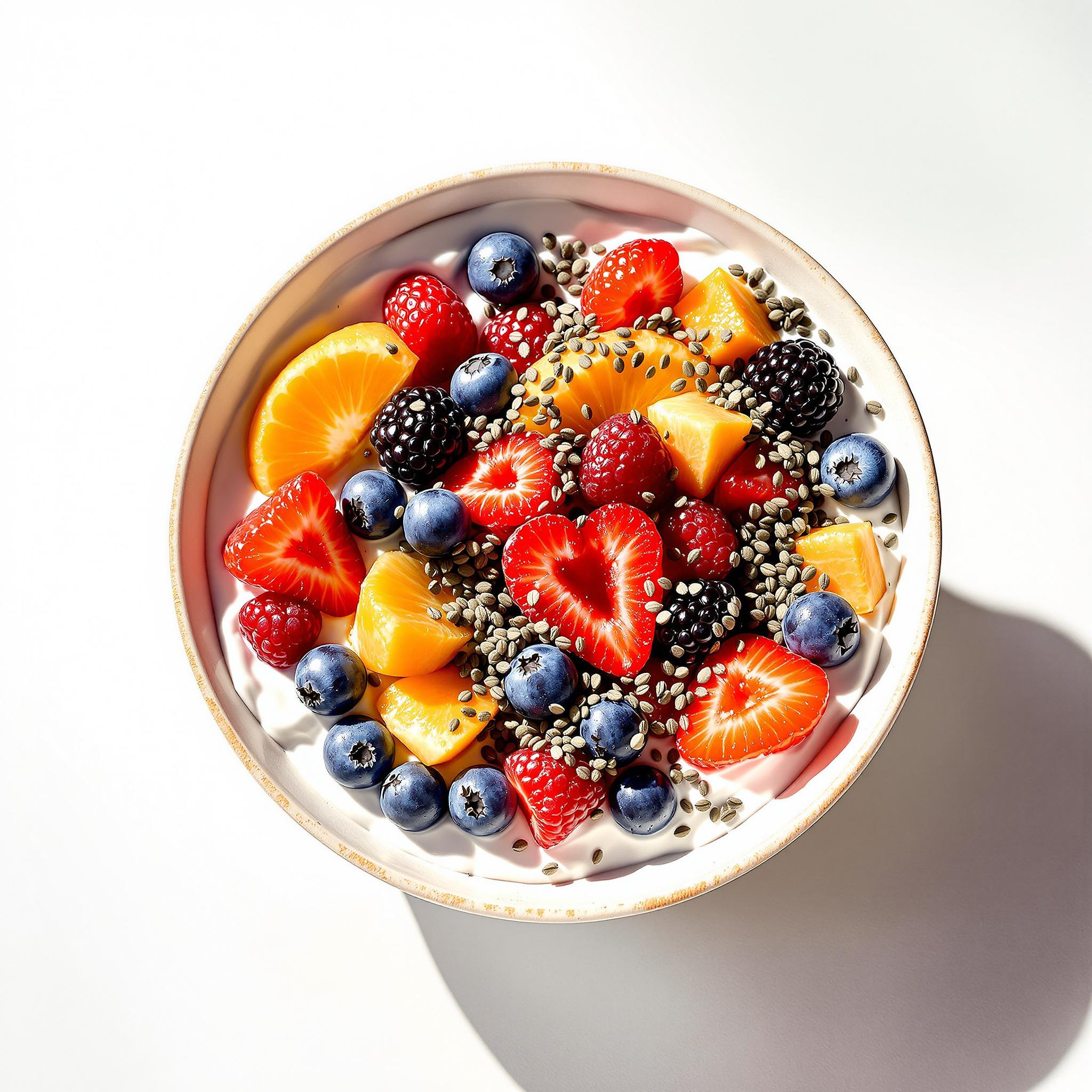 흰색 배경에 신선한 과일과 치아 씨앗을 얹은 플레인 요거트 한 그릇. 가벼운 여름 분위기, 건강 및 웰빙 콘셉트.