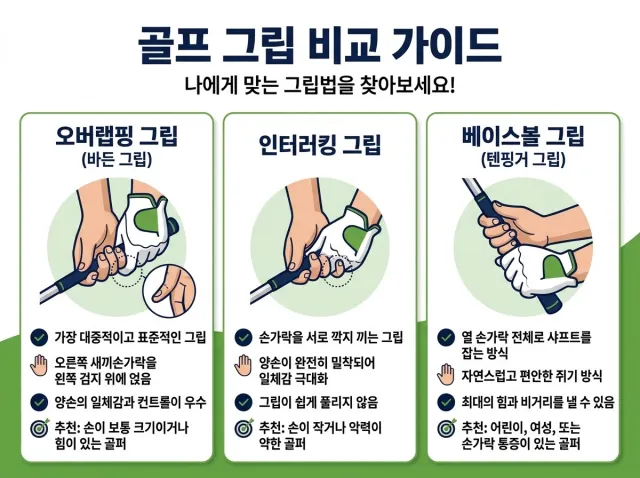 골프 그립 오버래핑&middot;인터로킹&middot;베이스볼 그립에 대한 설명 이미지