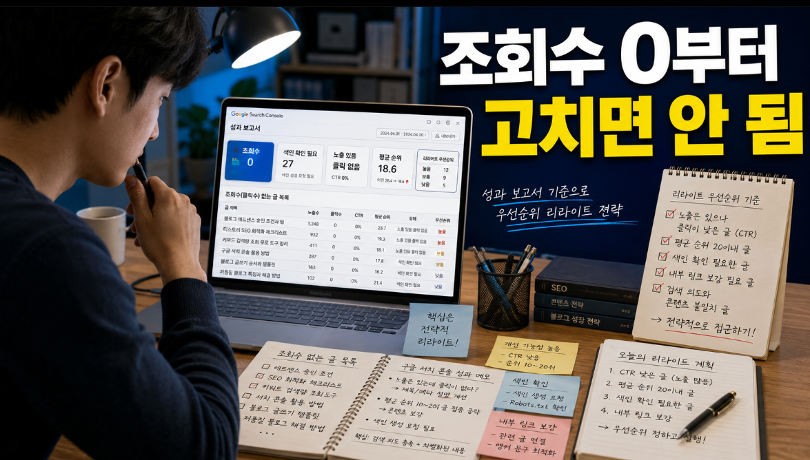 티스토리 블로거가 조회수 없는 글보다 검색 노출과 평균 게재순위를 기준으로 리라이트 대상을 고르는 이미지