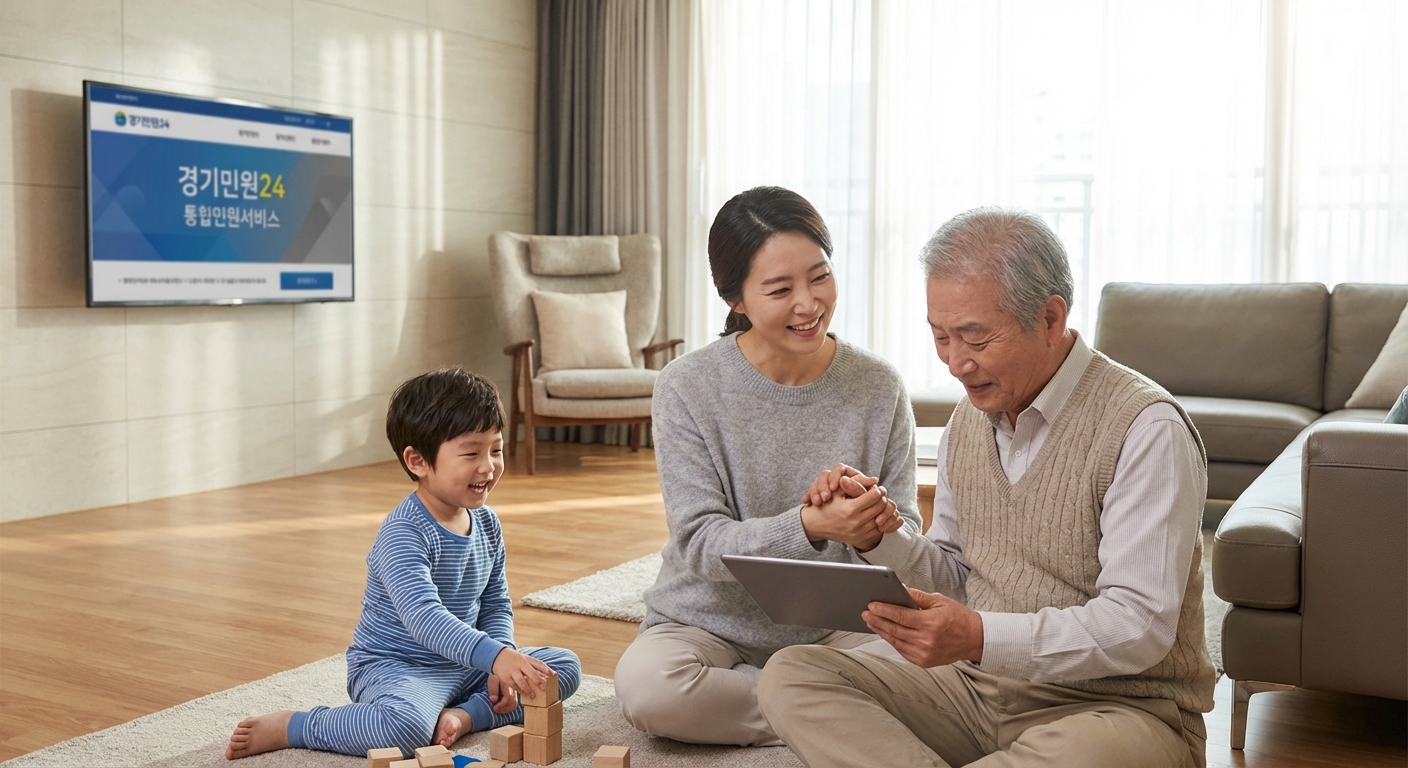 따뜻하고 화목한 가정에서 부모가 조부모를 돌보고 아이가 즐겁게 노는 모습, 경기도 가족돌봄수당으로 안정된 생활을 상징하는 이미지.