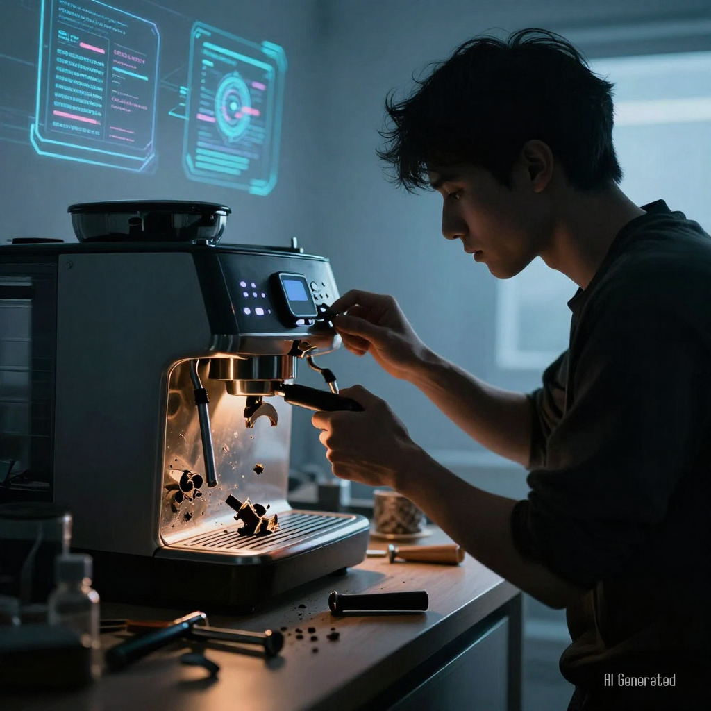 어두운 실내에서 고장 난 커피머신을 직접 손으로 고치며 집중하는 한 사람의 모습, 반복과 실패의 시간