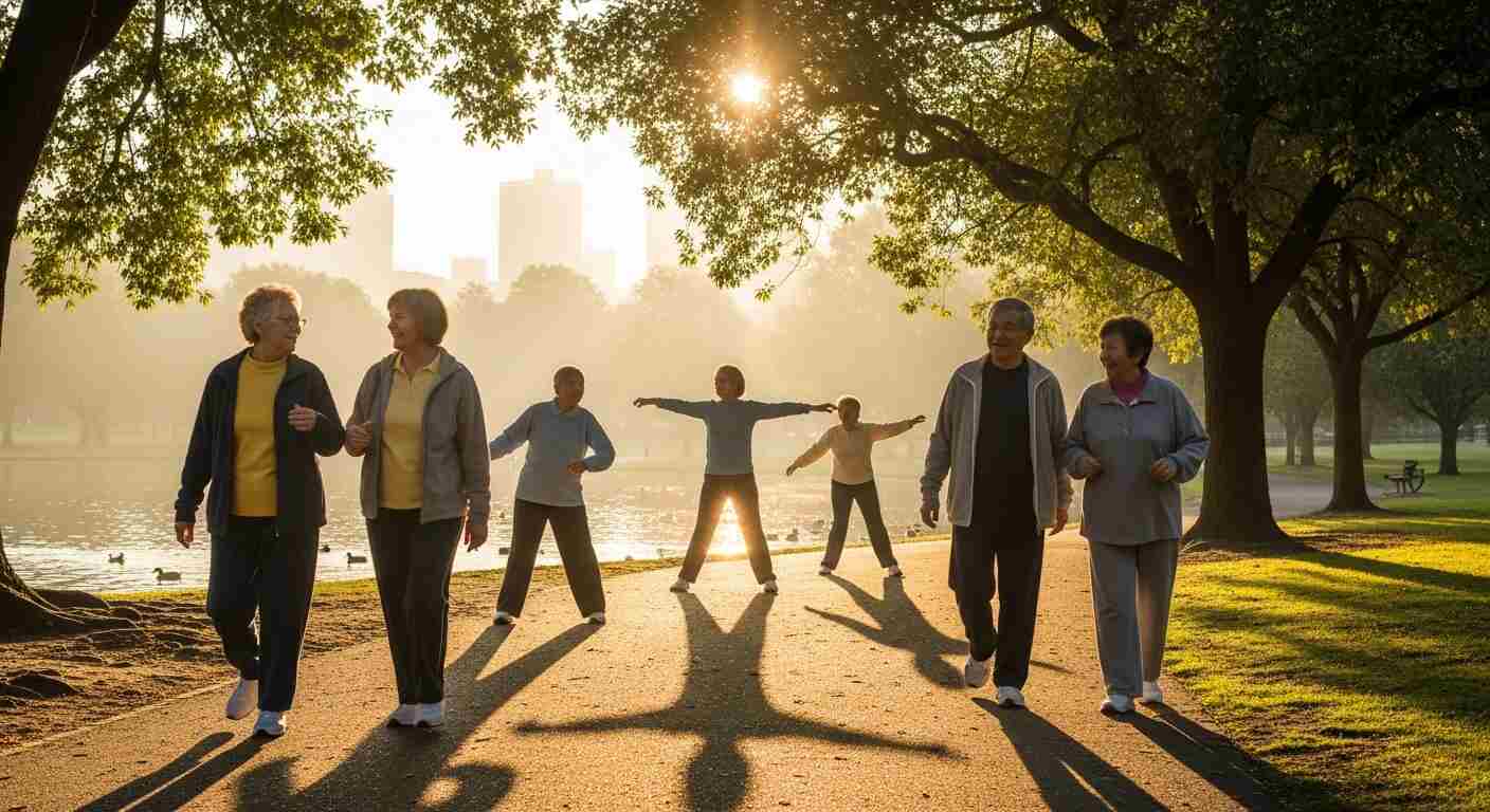 햇빛을 받으며 걷거나 운동하는 모습 시니어 모습