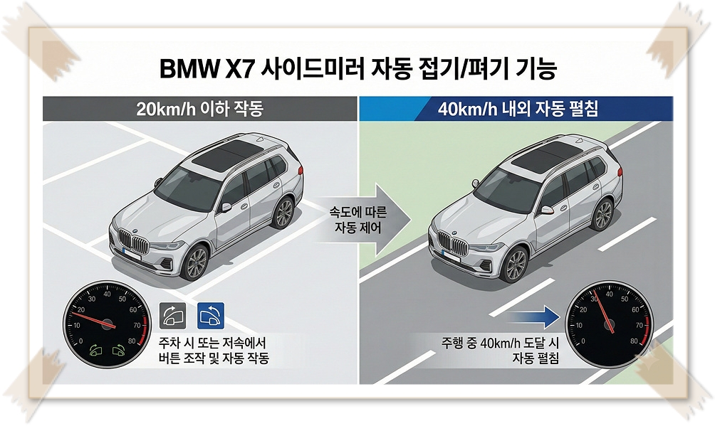 BMW X7 사이드미러 접기 펴기 20km/h 이하 작동 40km/h 내외 자동 펼침