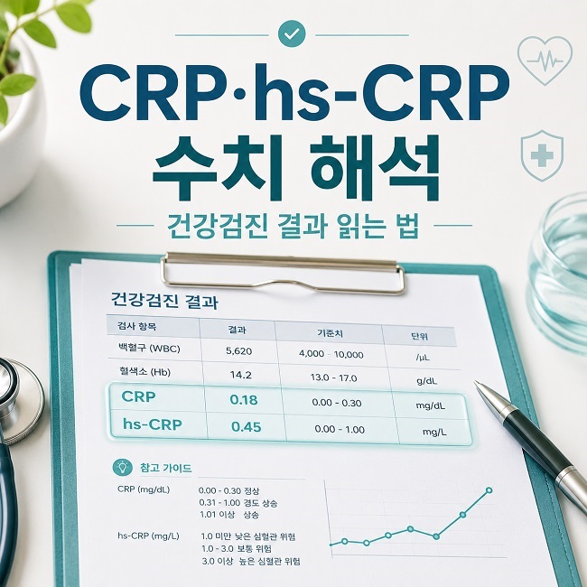건강검진 결과지의 `CRP / hs-CRP` 항목을 중심으로 한 깔끔한 건강 매거진형 이미지