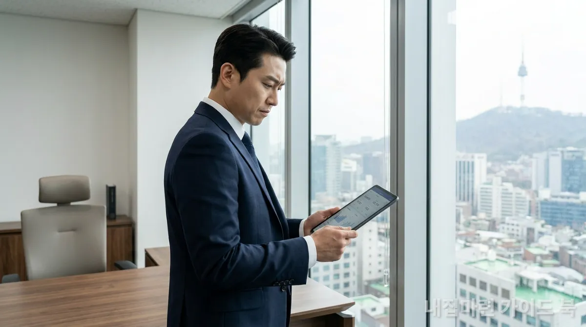 도시를 배경으로 태블릿으로 금융 데이터를 검토하는 한국인 사업가