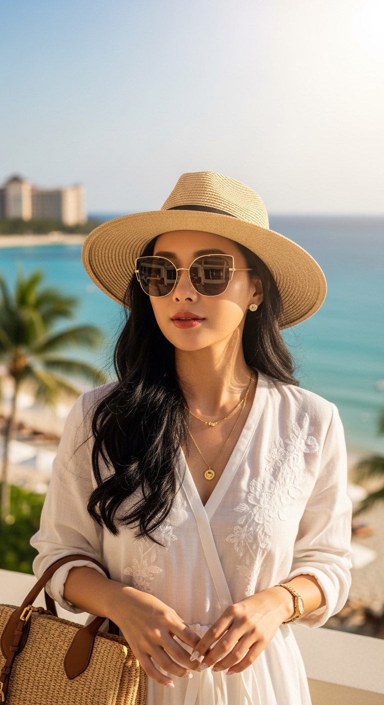 라피아 햇과 선글라스를 매치한 세련된 휴양지 코디. 소품 활용의 중요성 강조