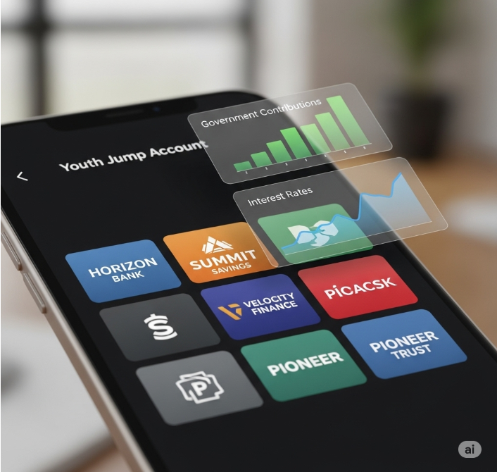 다양한 은행 로고가 보이는 금융 앱 화면과 그 위로 정부 기여금, 이자율을 상징하는 그래프가 겹쳐 있는 이미지. 청년도약계좌의 금융 혜택을 시각적으로 보여준다