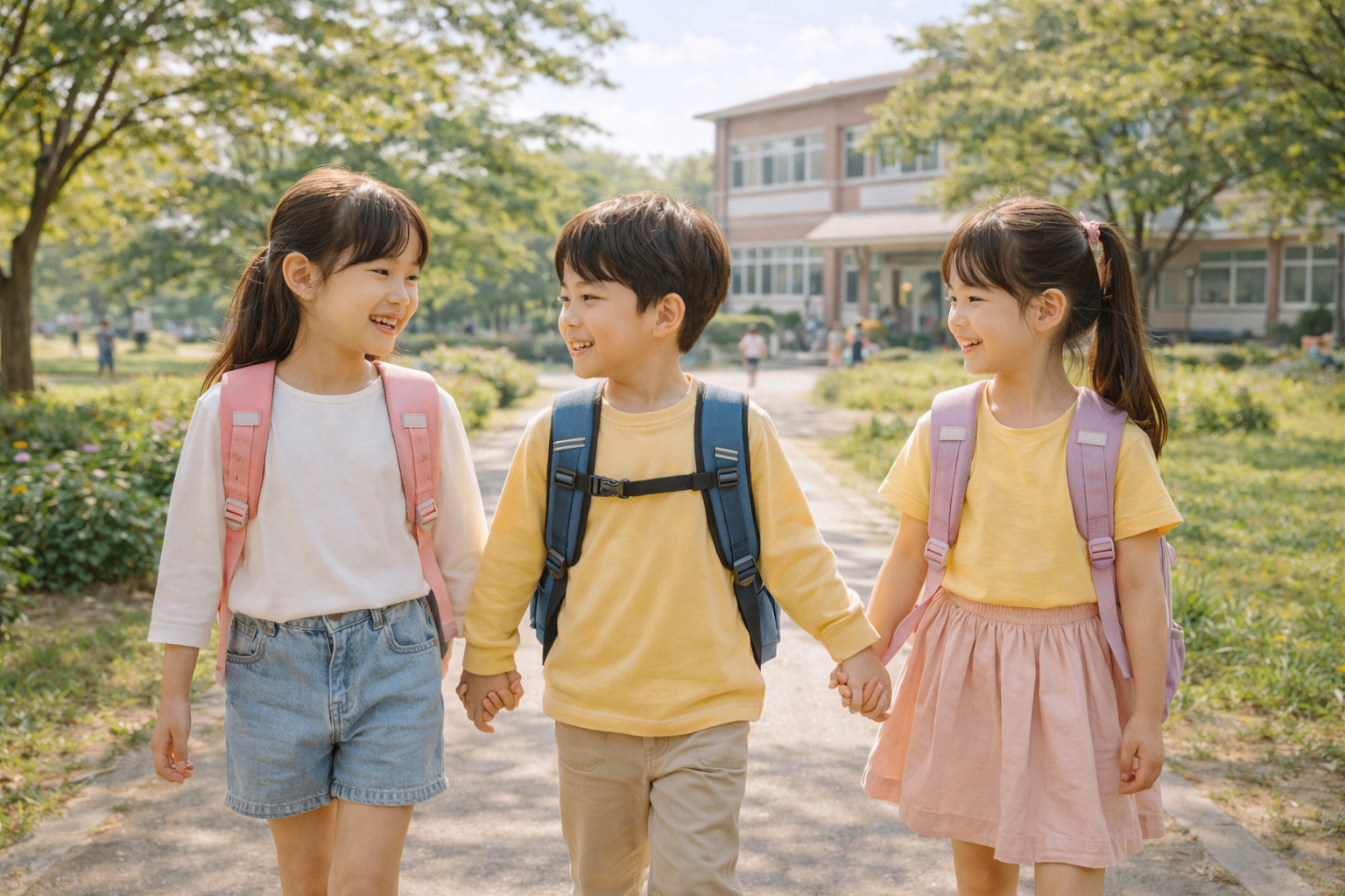 초등학교 저학년 남자아이 한 명과 여자아이 두 명이 함께 웃으며 등교하는 모습