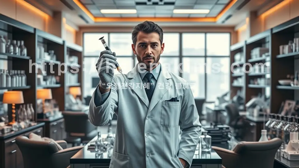 실험실에서 주사기를 들고 있는 연구원의 모습