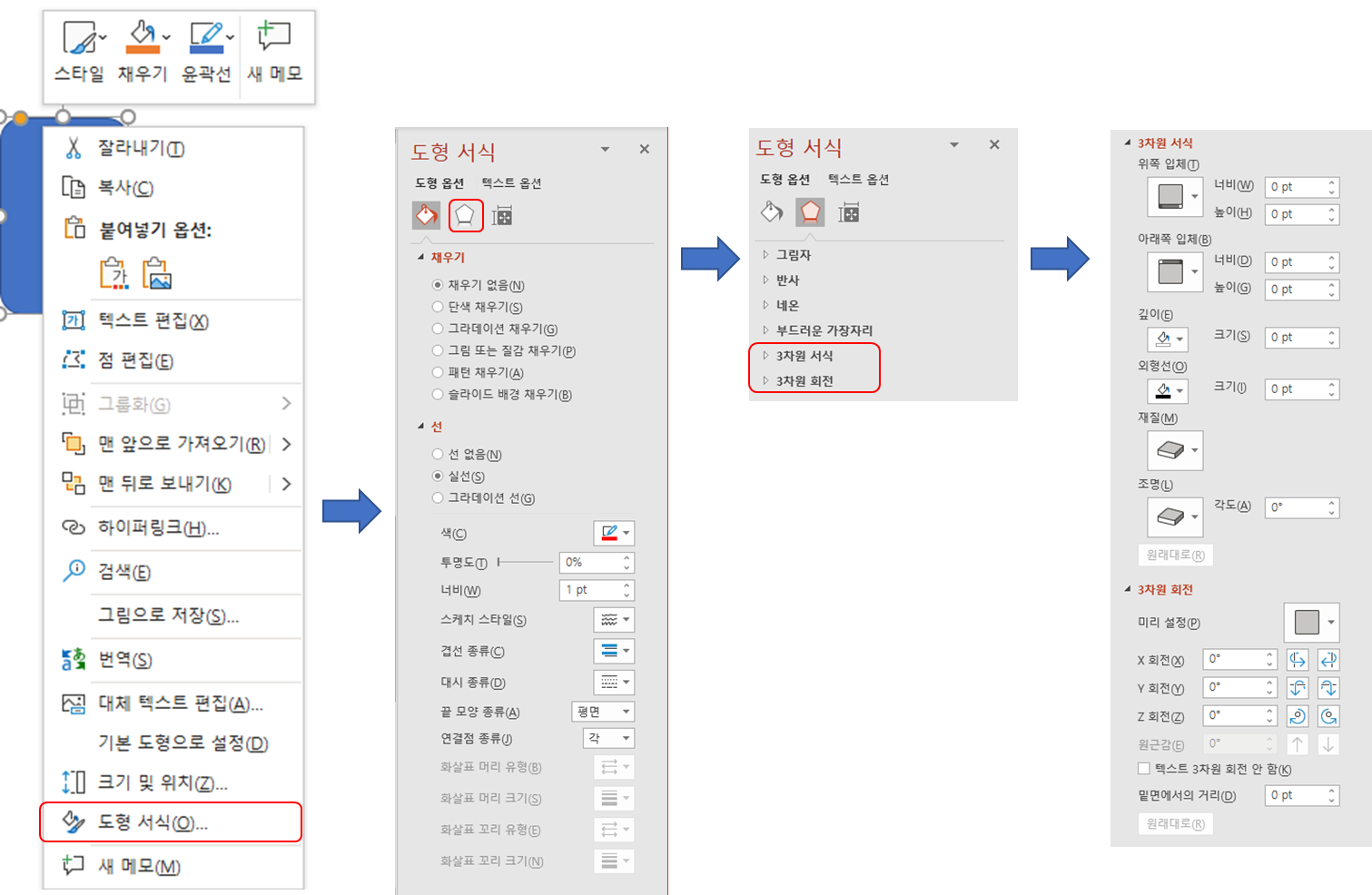 파워포인트에서 3차원 서식과 3차원 회전을 찾아가는 과정