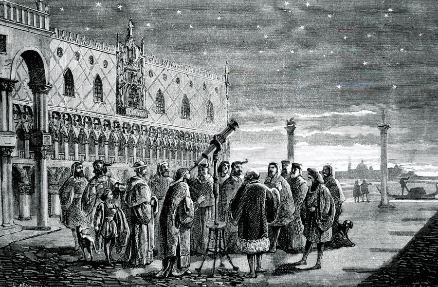 고대인들이 망원경을 보고있는 사진