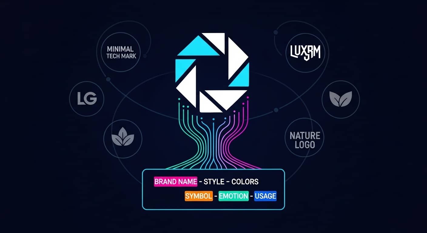 A modern tech logo design concept showing brand identity elements like style, colors, symbol, emotion, and usage.