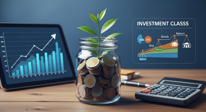 다양한 자산(주식, 채권, 부동산)이 균형 있게 배치된 안정적인 투자 포트폴리오를 상징하는 이미지. 성장하는 식물과 금융 그래프가 조화를 이룬 모습.