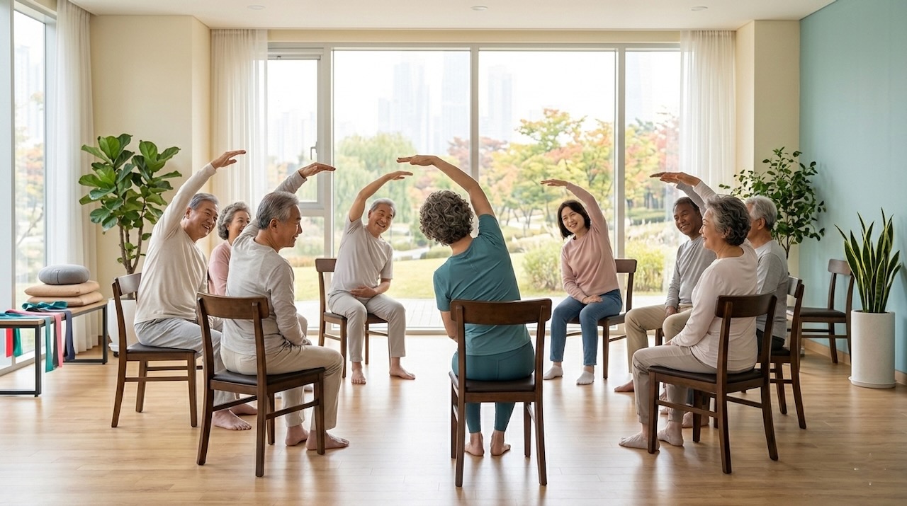 시니어 요가의자 운동법 요가 무릎 관절염 통증 완화 유연성 고관절 근육 코어 강화 10분 홈트레이닝 관리