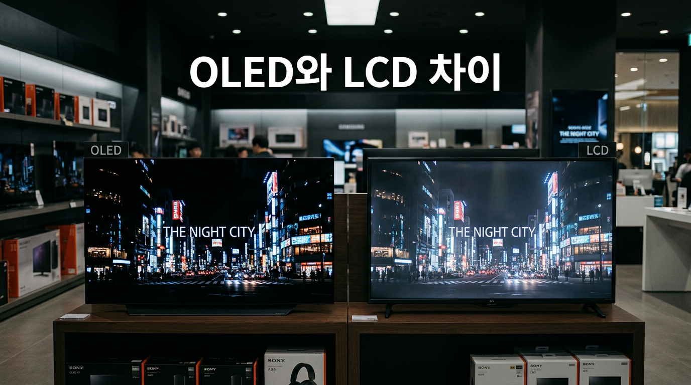OLED와 LCD 화면 차이를 보여주는 TV 비교 사진