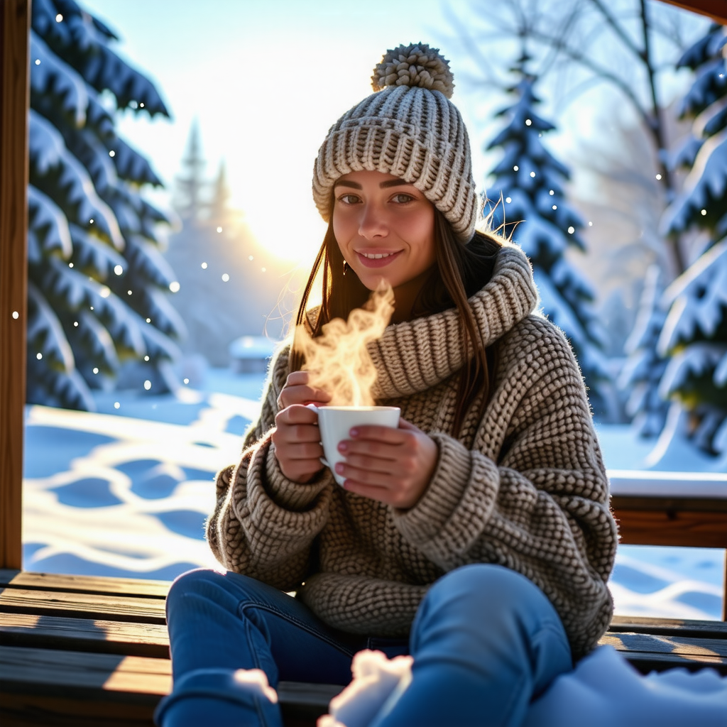 겨울배경으로 따뜻한 차 마시는 사람