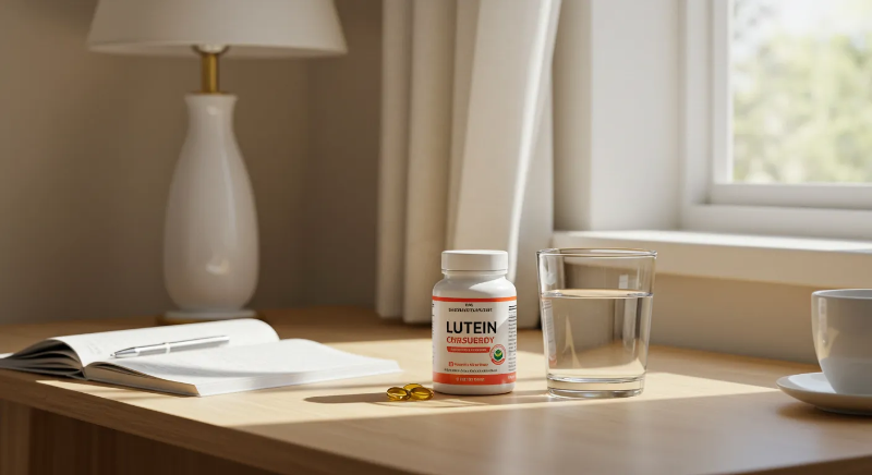 방안 책상에 루테인 영양제가 놓여져 있는 이미지