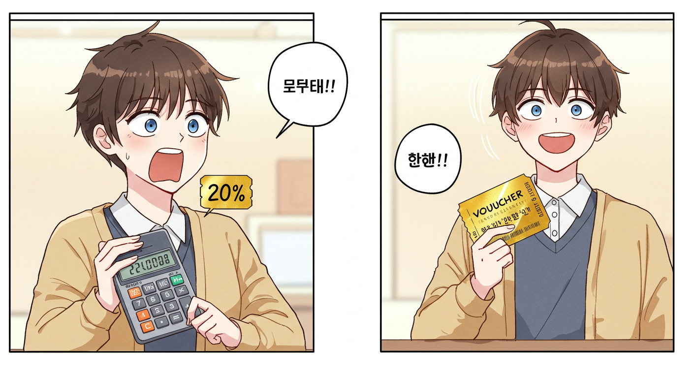 환급 금액 계산에 놀라고 기뻐하는 한국만화풍 인물