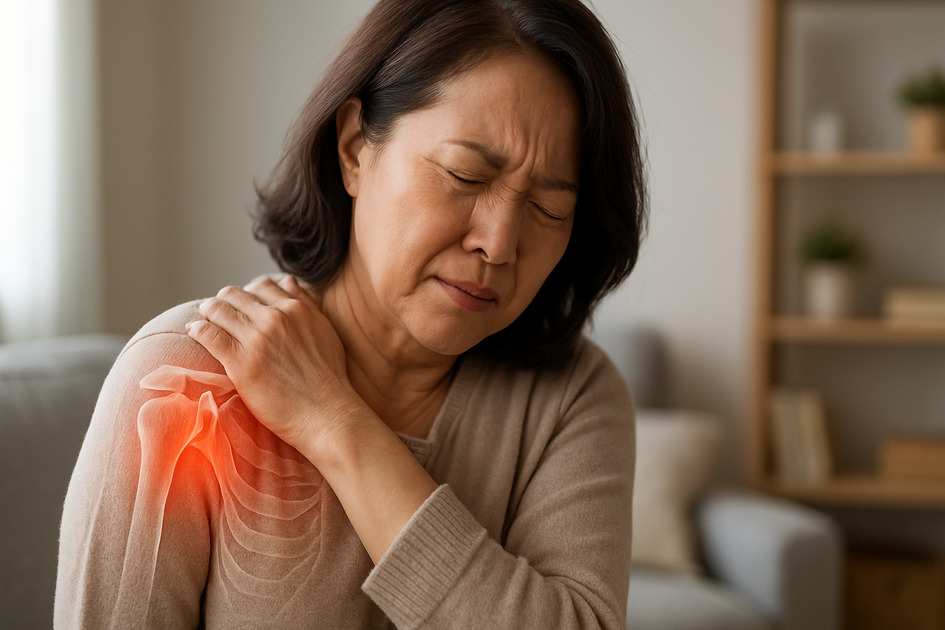 중년 여자가 어깨 관절통으로 어깨를 잡고있는 이미지