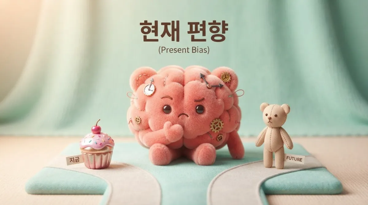 보들보들 인형 뇌 캐릭터로 설명하는 현재 편향 심리 메커니즘과 즉각 보상 시각화"