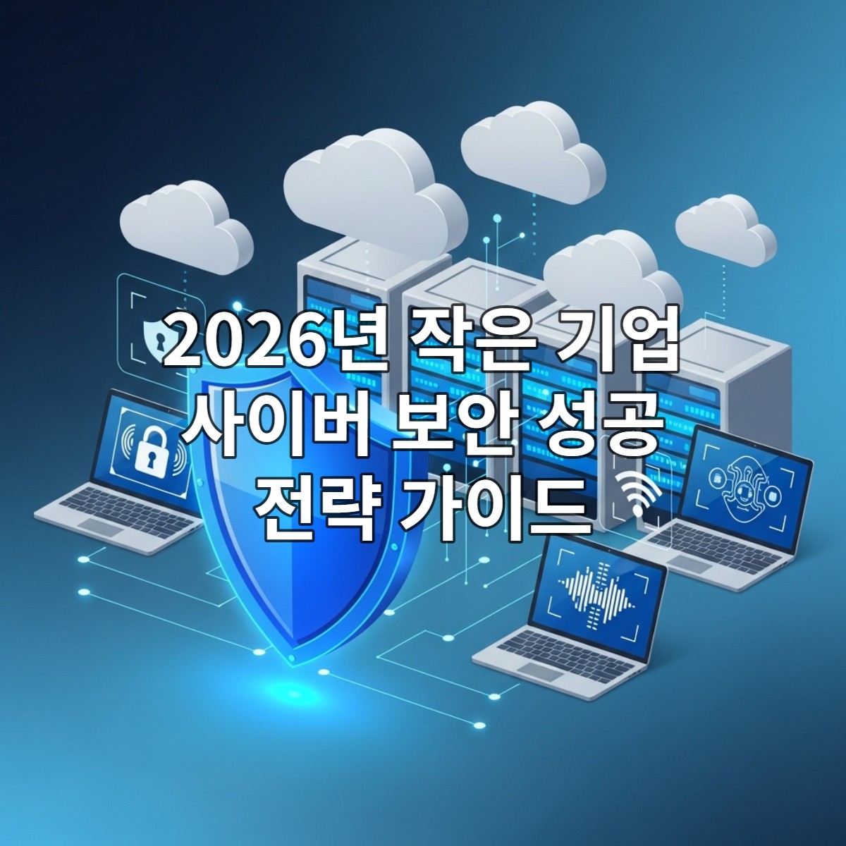 피싱 이메일, 랜섬웨어 등 다양한 사이버 위협이 작은 사무실 건물을 둘러싸고 있는 모습