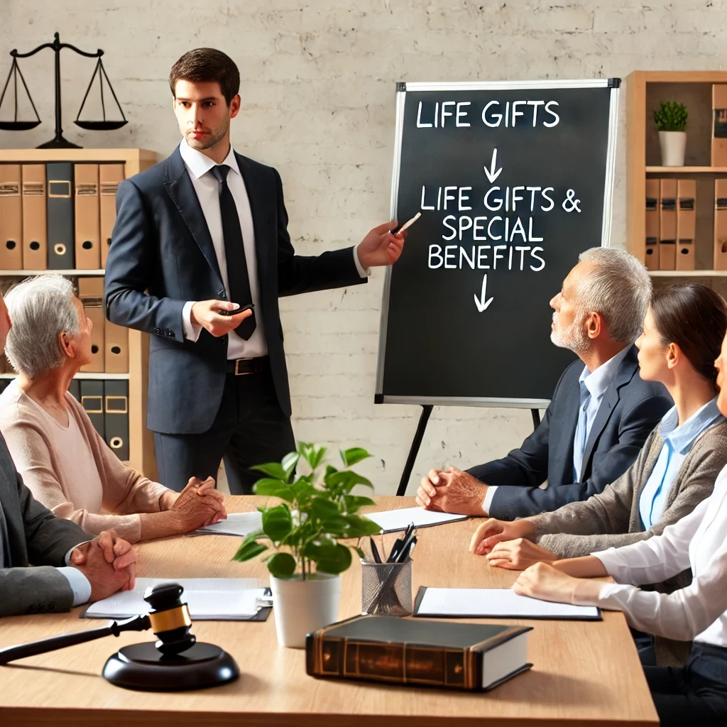 변호사가 생전 증여와 상속법을 설명하는 장면: 변호사가 생전 증여가 상속 분할에 어떻게 영향을 미치는지 가족들에게 설명하는 강의 또는 상담 세션.