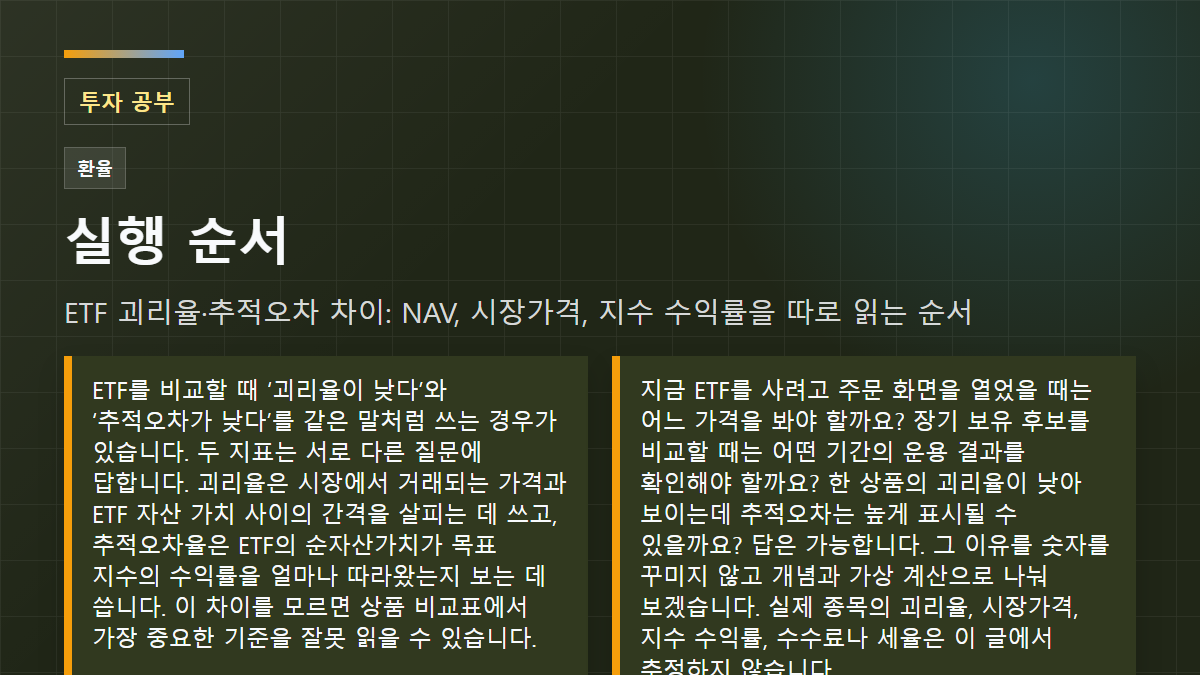 확인 순서: ETF를 비교할 때 ‘괴리율이 낮다’와 ‘추적오차가 낮다’를 같은 말처럼 쓰는 경우가 있습니다. 두 지표는 서로 다른 질문에 답합니다. 괴리율은 시장에서 거래되는 가격과 ETF 자산 가치 사이의 간격을 살피는 데 쓰고, 추적오차율은 ETF