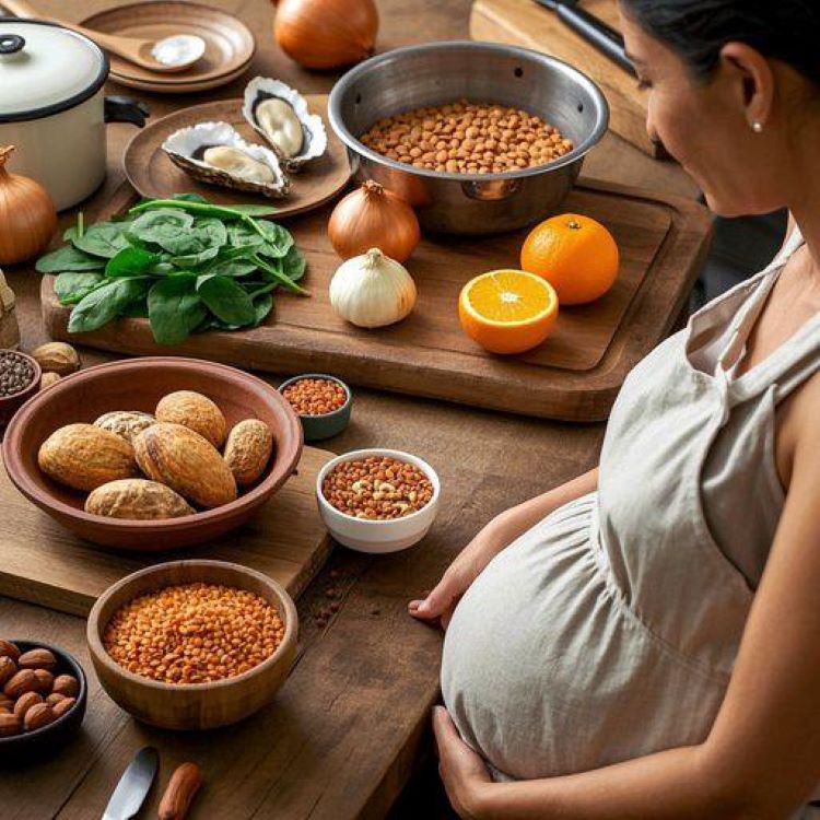 다양한 철분 풍부한 식재료들이 아름답게 배치된 키친 테이블 톱뷰 사진. 소간, 굴, 시금치, 렌틸콩, 견과류, 오렌지 등이 나무 도마와 그릇에 정갈하게 담겨있고, 요리 도구들과 함께 배치. 따뜻한 자연광 조명으로 음식의 신선함을 강조