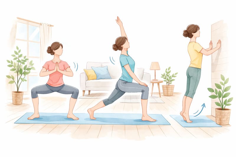 집에서 장비 없이 매트 위에서 맨발로 하체 운동을 하는 올림머리를 한 중년 여성 삽화