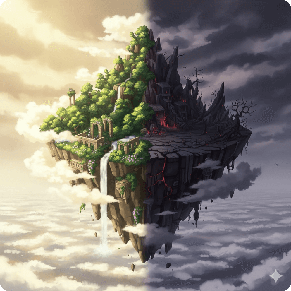 alt="하늘 위를 떠도는 섬 라퓨타의 양면 — 한쪽은 빛과 녹음으로 가득한 이상향, 다른 한쪽은 어둡게 붕괴된 현실. 이상과 현실의 충돌을 표현한 일러스트."