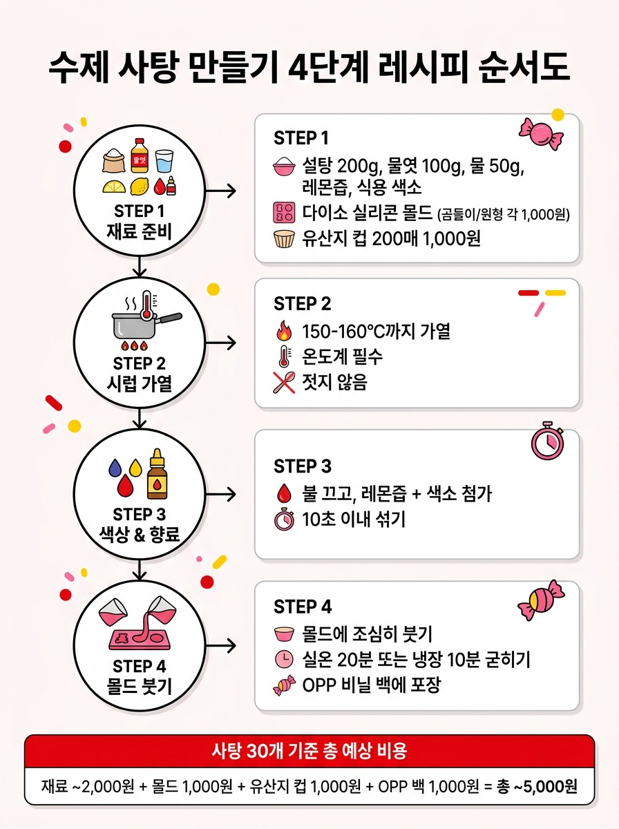 다이소 재료로 수제 사탕 만들기 4단계 플로우차트: ①재료 준비(설탕 200g·물엿 100g·다이소 실리콘 몰드) → ②시럽 가열 150–160°C → ③색소·레몬즙 첨가 → ④몰드 부어 굳히기. 총 재료비 약 5,000원으로 30개 사탕 제작 가능