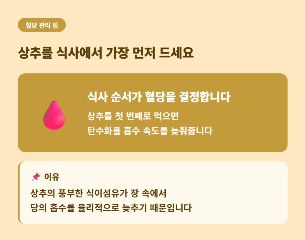 "식사 순서에서 상추를 가장 먼저 먹으면 식이섬유가 탄수화물 흡수 속도를 늦춰 혈당 관리에 유리하다는 안내"