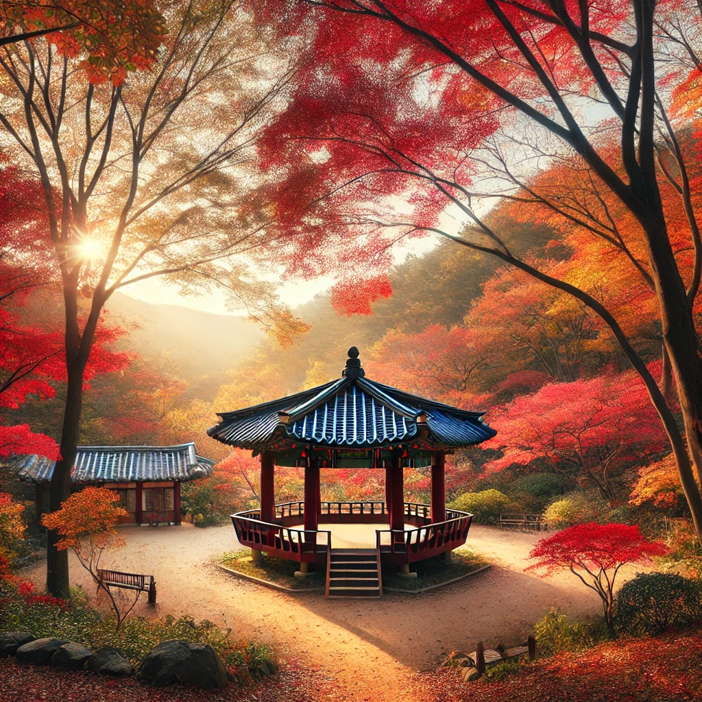 가을 단풍이 물든 인천 월미공원과 전통 정자가 어우러진 평화로운 풍경