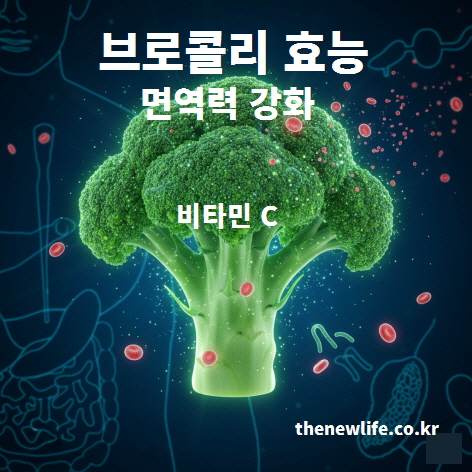 브로콜리 효능 중 면역력 강화와 비타민 C의 역할을 설명하는 인공 그래픽 이미지. 면역 세포 활성화와 체내 방어력 증진 정보 포함