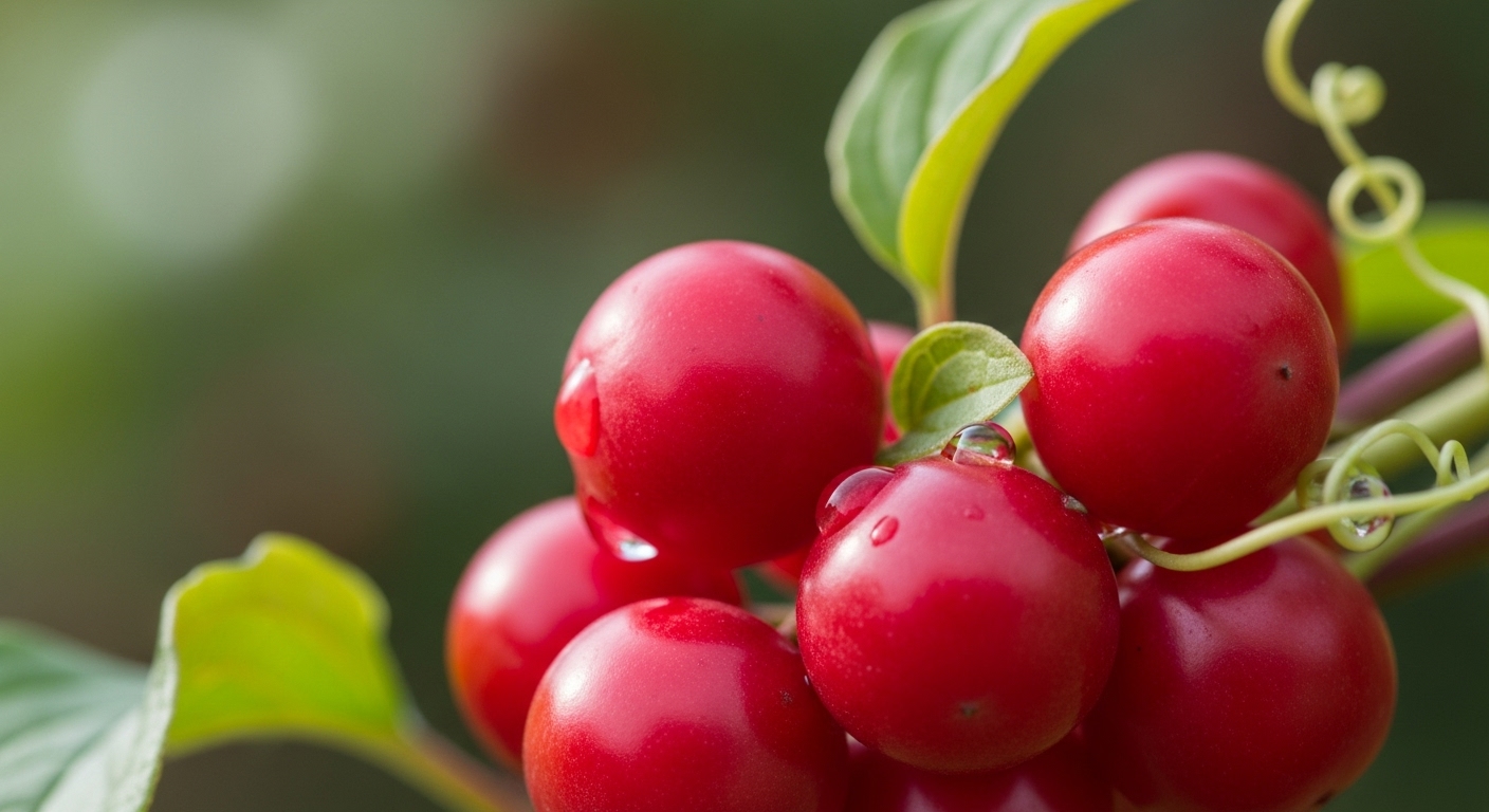 싱싱하고 붉은 오미자 열매들이 자연 배경에 선명하게 클로즈업되어 있는 모습입니다.
