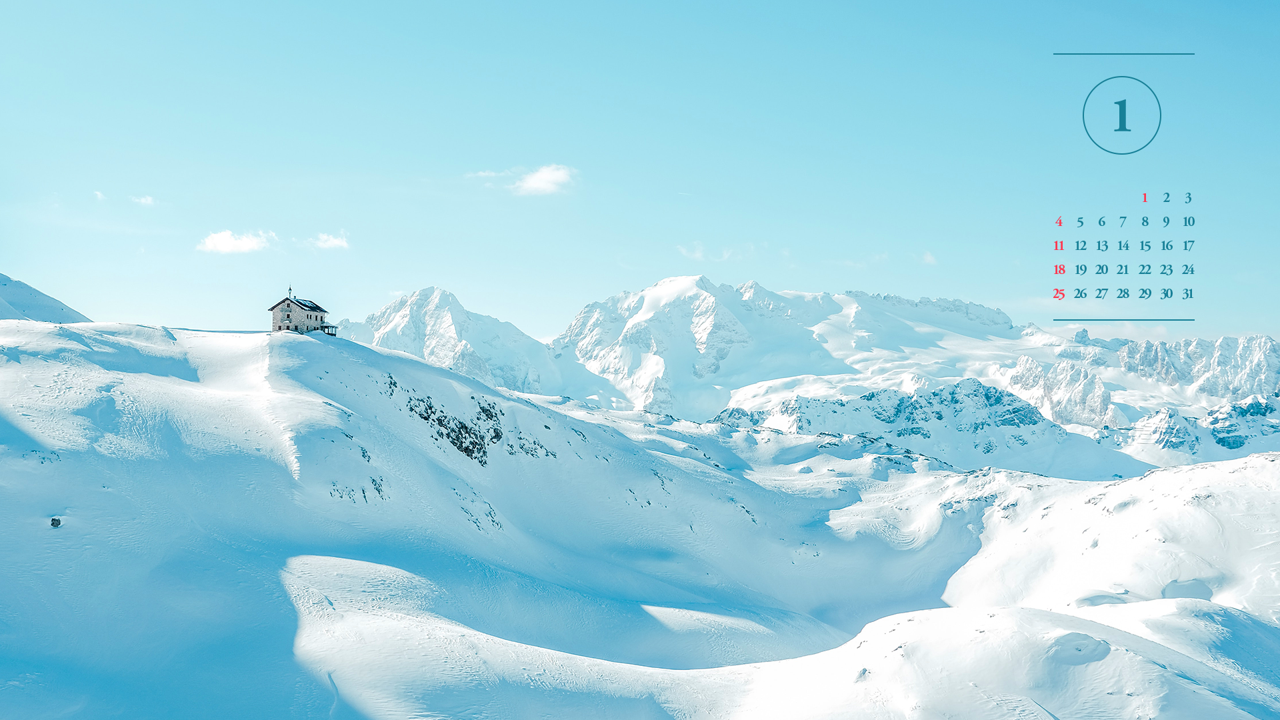 01 눈 덮인 산 위에 집 A - 2026년1월 달력배경화면